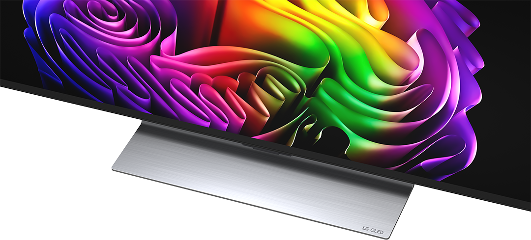 Egy modern LG OLED TV absztrakt, színes mintával. 