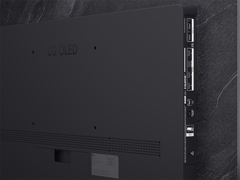 Fekete LG OLED TV hátoldala HDMI és USB portokkal. Texturált háttér.