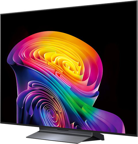 Egy modern TV színes, örvénylő absztrakt műalkotást jelenít meg a képernyőjén.