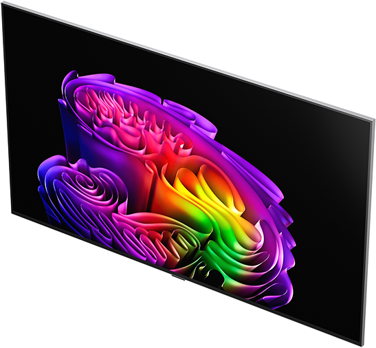 Egy modern TV absztrakt, színes 3D alakzatot mutat fekete háttéren.