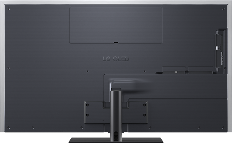 Egy sötét LG OLED TV hátulja állvánnyal és portokkal.