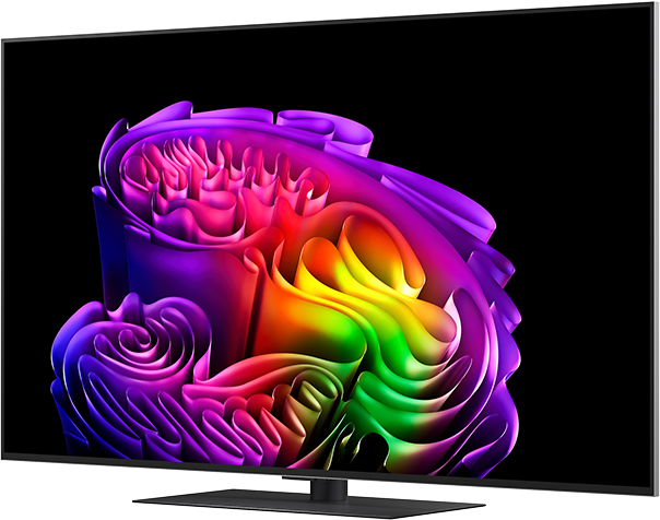 Egy modern televízió színes, absztrakt képernyővédővel.