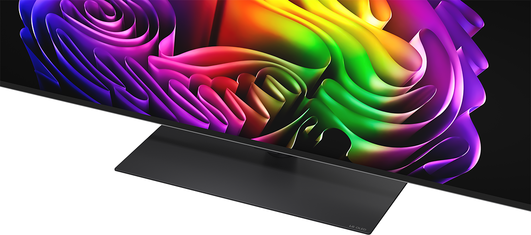 Egy modern LG OLED TV absztrakt, színes háttérrel.