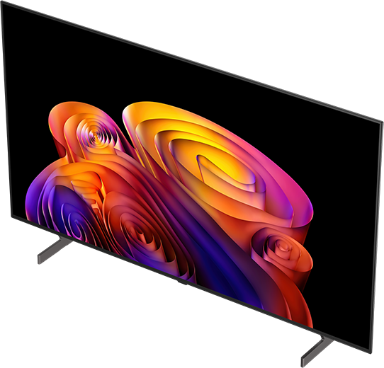 Egy modern TV absztrakt, színes örvénymintát mutat fekete háttéren.