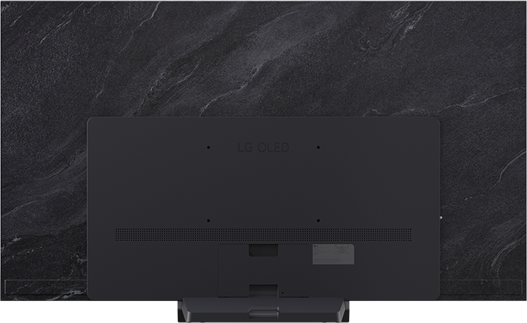Egy fekete LG OLED TV hátoldala sötét márványon.