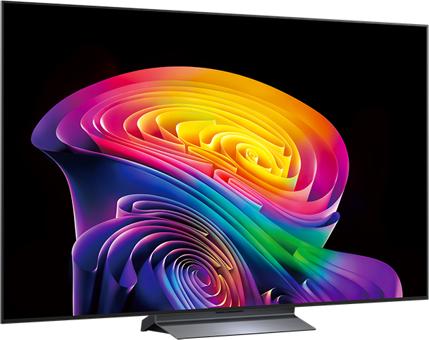 Egy modern TV szivárvány színekben örvénylő mintát mutat fekete háttéren.