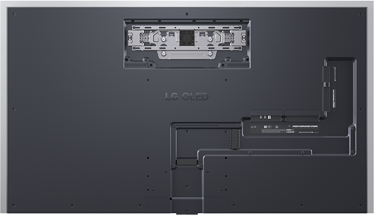 LG OLED TV hátlapja portokkal és rögzítőkonzollal.