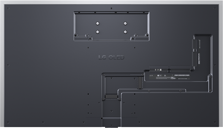 Egy LG OLED TV hátoldala csatlakozókkal és rögzítési pontokkal.