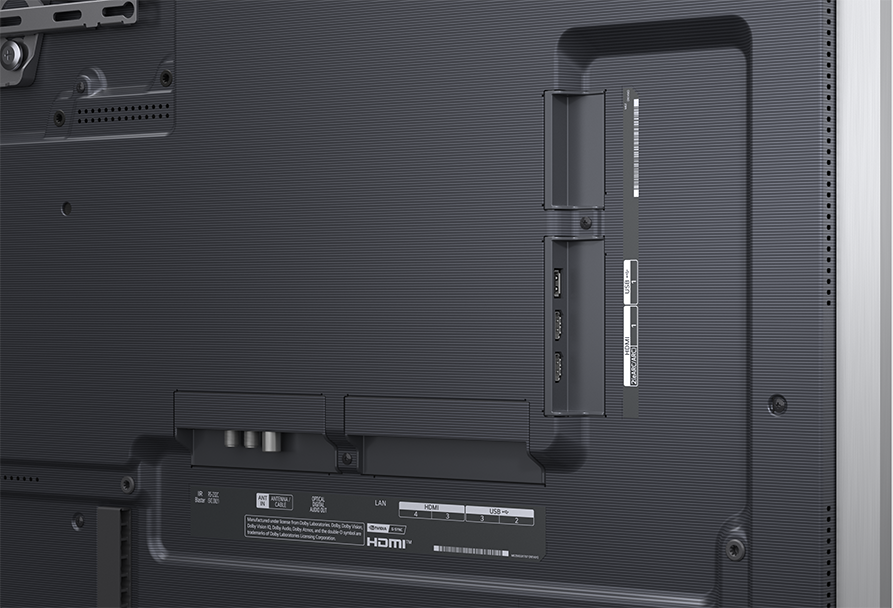 TV hátoldala csatlakozókkal: HDMI, USB, Antenna, LAN.
