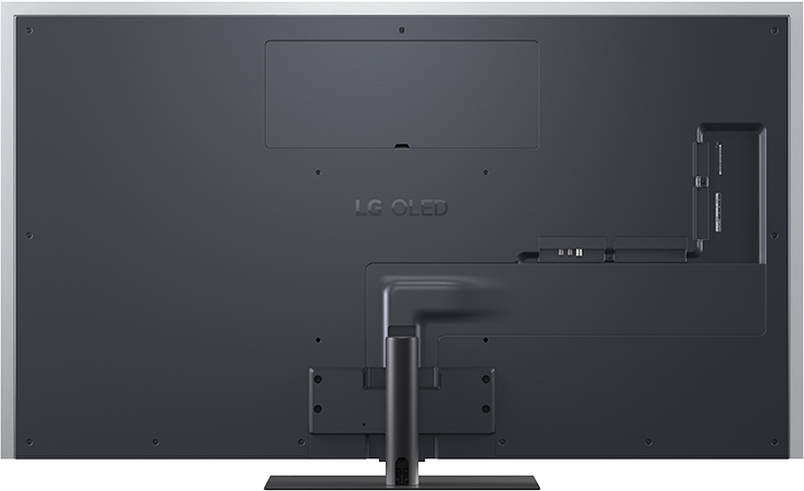 LG OLED TV hátoldala, csatlakozókkal és állvánnyal.
