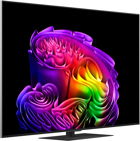 Egy modern televízió absztrakt, színes grafikát jelenít meg fekete háttéren.