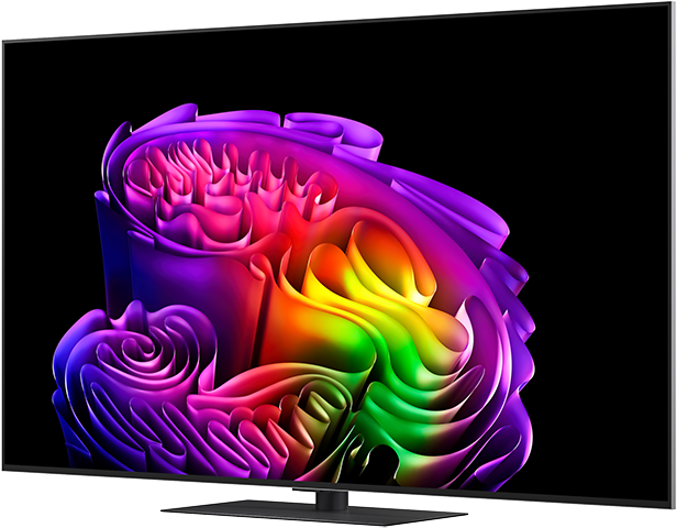 Egy modern TV szivárvány színű absztrakt mintát jelenít meg fekete háttéren.