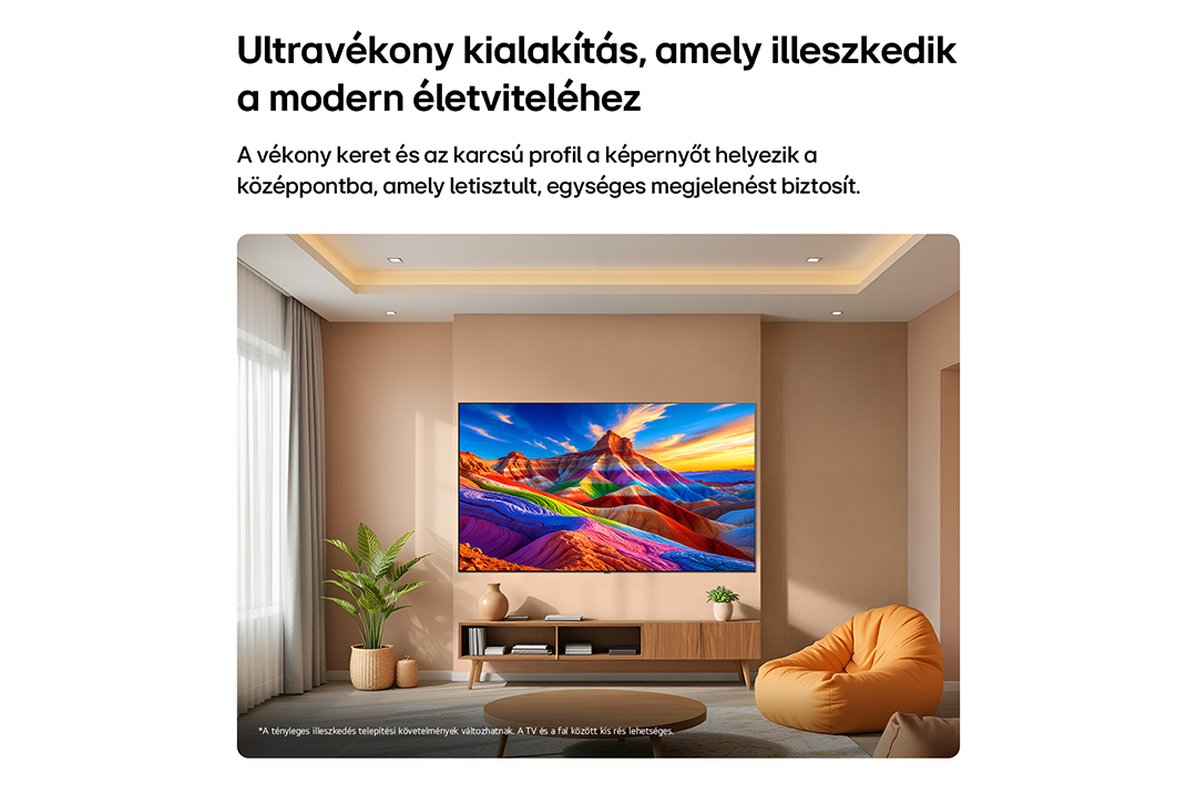 Nappali, nagy TV-vel, színes tájképképpel.