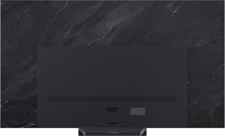 Egy fekete LG OLED TV hátulja sötét márvány háttér előtt.