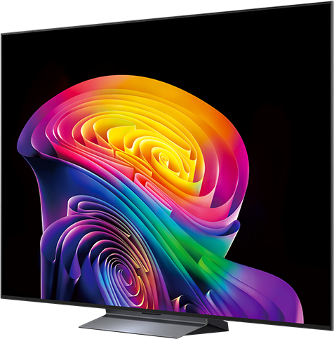Egy modern televízió absztrakt, örvénylő szivárványmintát jelenít meg fekete háttéren.