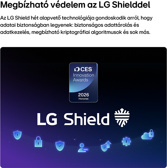 LG Shield CES 2026 Innovációs Díj kitüntetéssel. Biztonsági ikonok.
