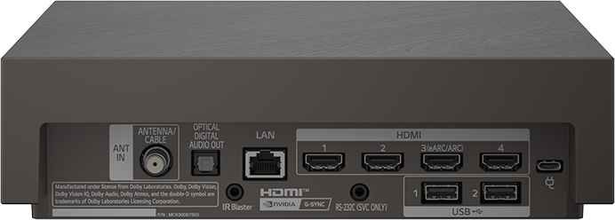 Sötétszürke készülék hátlapja csatlakozókkal: ANT IN, Optikai, LAN, 4 HDMI, 2 USB, IR Blaster, G-SYNC.