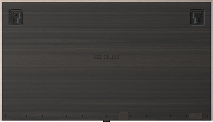 LG OLED TV hátoldala, sötét, szálcsiszolt felülettel és rögzítő konzolokkal.
