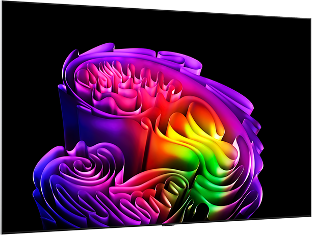 Absztrakt, többszínű forma lila, rózsaszín, zöld és sárga színben, fekete háttér előtt.
