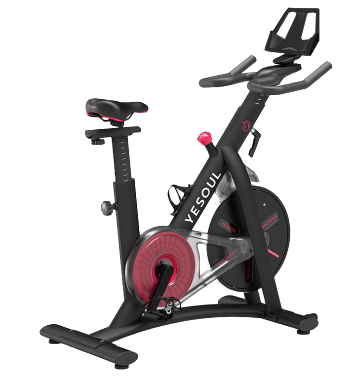 Czarny rower stacjonarny z czerwonymi akcentami i ekranem cyfrowym.
