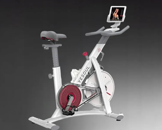 Biały rower stacjonarny z srebrnymi akcentami i ekranem tabletu.