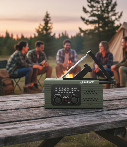 Zielone radio na korbkę na drewnianym stole, przyjaciele siedzą przy ognisku.