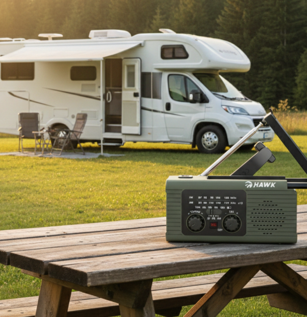 Kamper stoi na trawiastym terenie z drzewami w tle. Radio stoi na drewnianym stole.