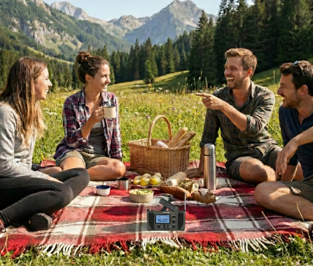 Cztery osoby piknikują na kocu na trawie, w tle góry i drzewa.