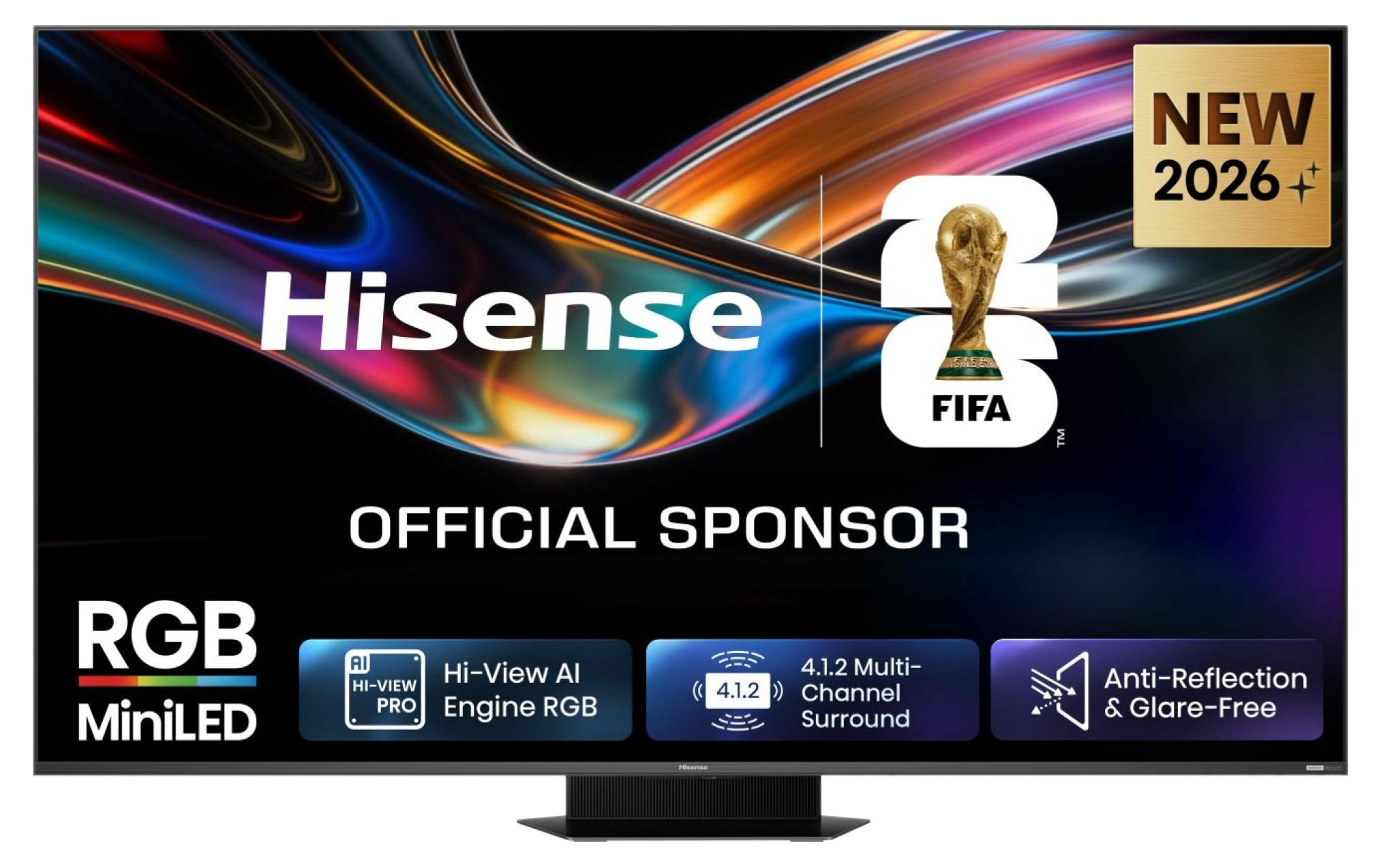 Telewizor Hisense z RGB MiniLED, sponsor FIFA 2026, Hi-View AI, dźwięk przestrzenny.