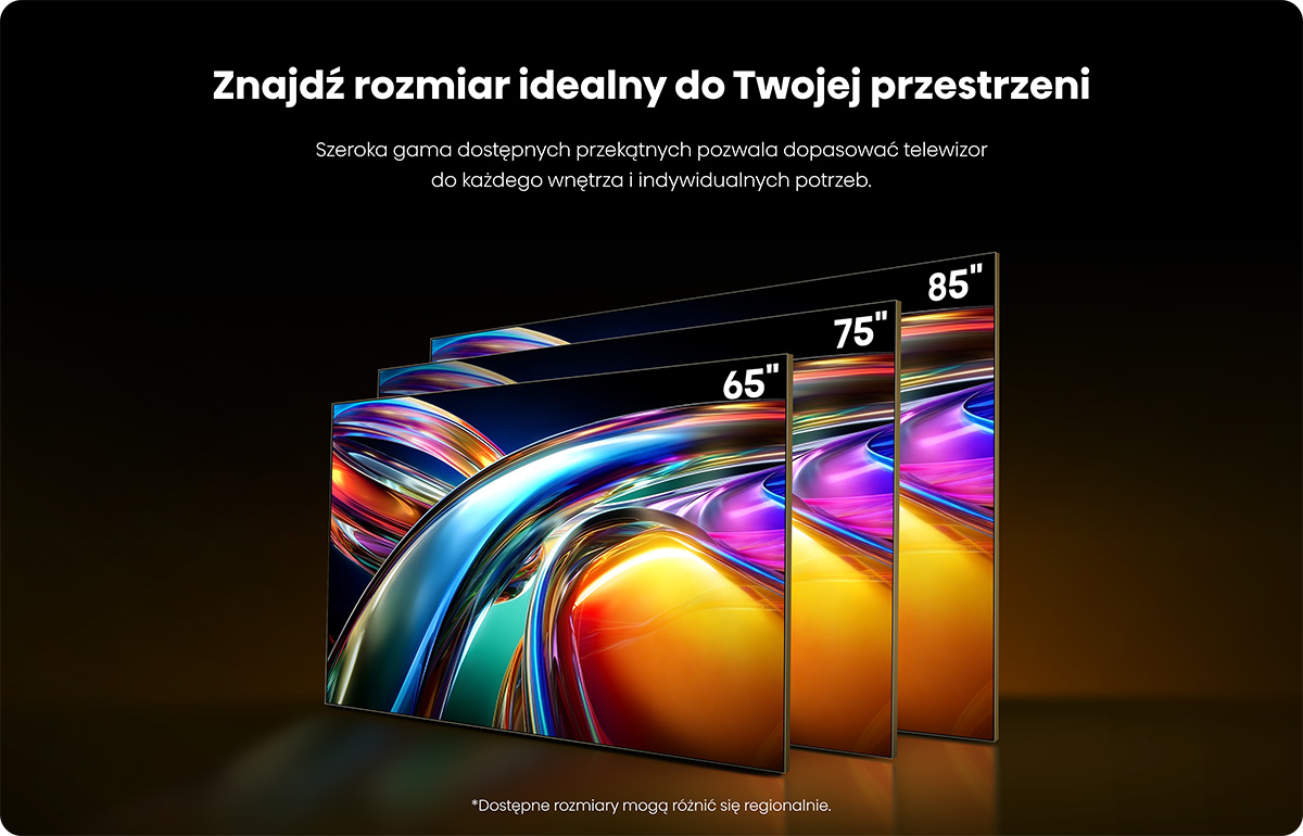 Trzy telewizory w rozmiarach 65", 75" i 85" wyświetlające kolorowe obrazy.