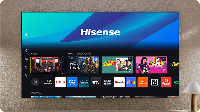 Telewizor Hisense Smart TV wyświetlający różne aplikacje, takie jak Netflix, Disney+, YouTube i gry.