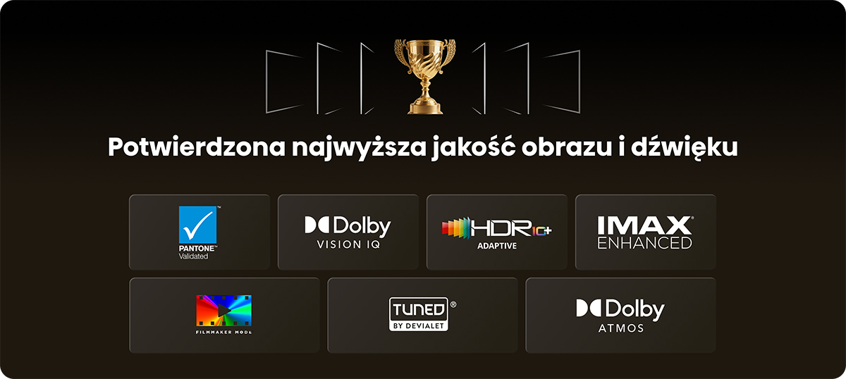 Trofeum nad logoami jakości obrazu i dźwięku: Dolby, HDR, IMAX.