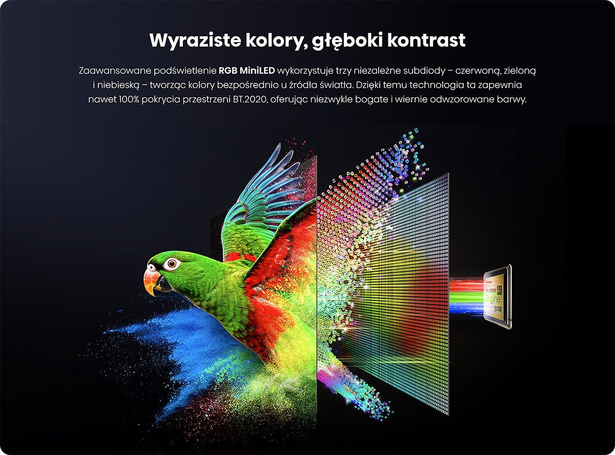 Zielona papuga z kolorowymi wybuchami pigmentów leci na ciemnym tle.
