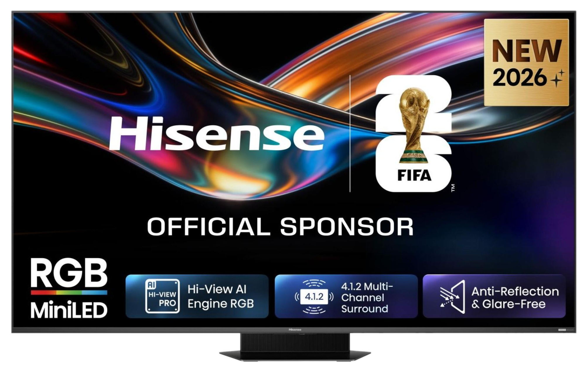 Telewizor Hisense wyświetla logo Mistrzostw Świata FIFA, tekst i specyfikacje. Nowość 2026.