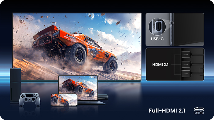Samochód wyścigowy na zakurzonej trasie, obok konsol, kontrolerów i urządzeń HDMI 2.1.