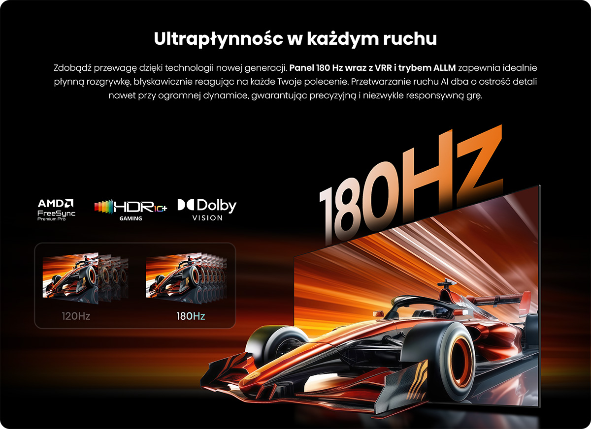 Samochód wyścigowy wyświetlany w 180Hz, podkreślający płynną rozgrywkę.