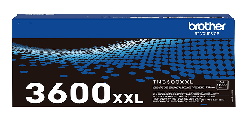 Pudełko z tonerem Brother TN3600XXL. Niebieskie i czarne z kropkami.