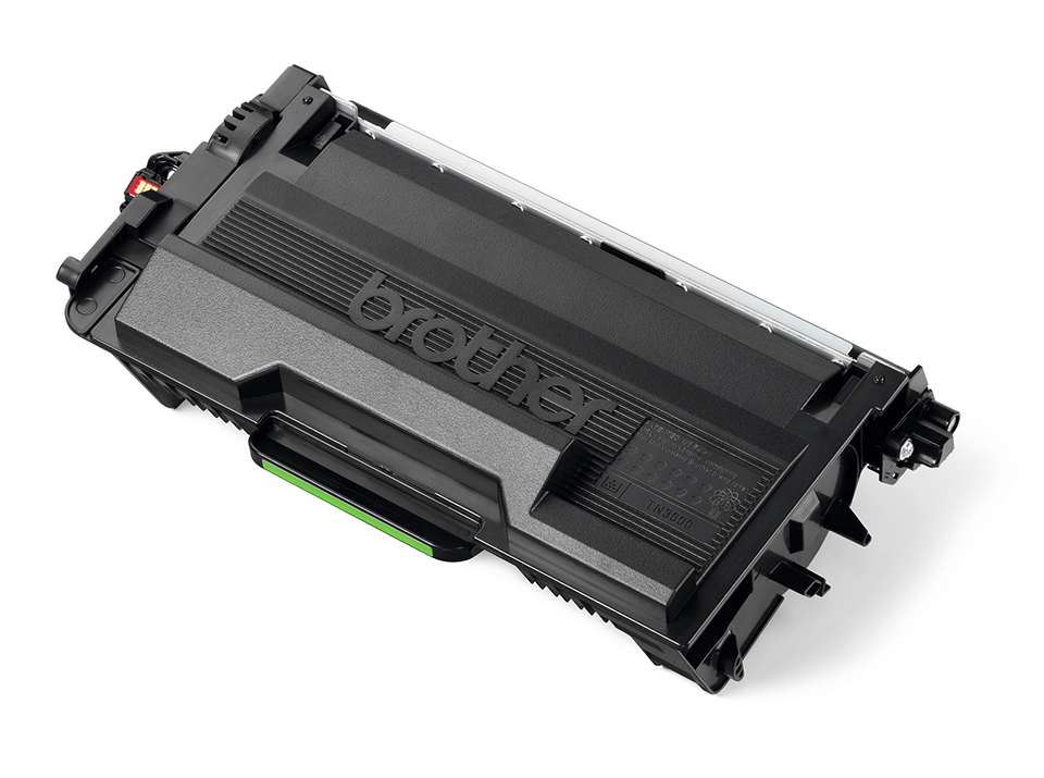 Czarny toner Brother TN3600 z zielonym akcentem.