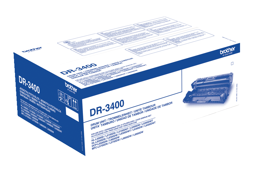 Jednostka bębna Brother DR-3400 w niebieskim pudełku z częścią drukarki.