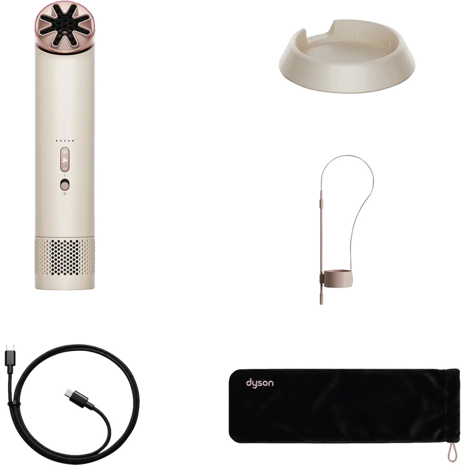 A gold hair dryer with accessories: charging cable, stand, attachment, and pouch.