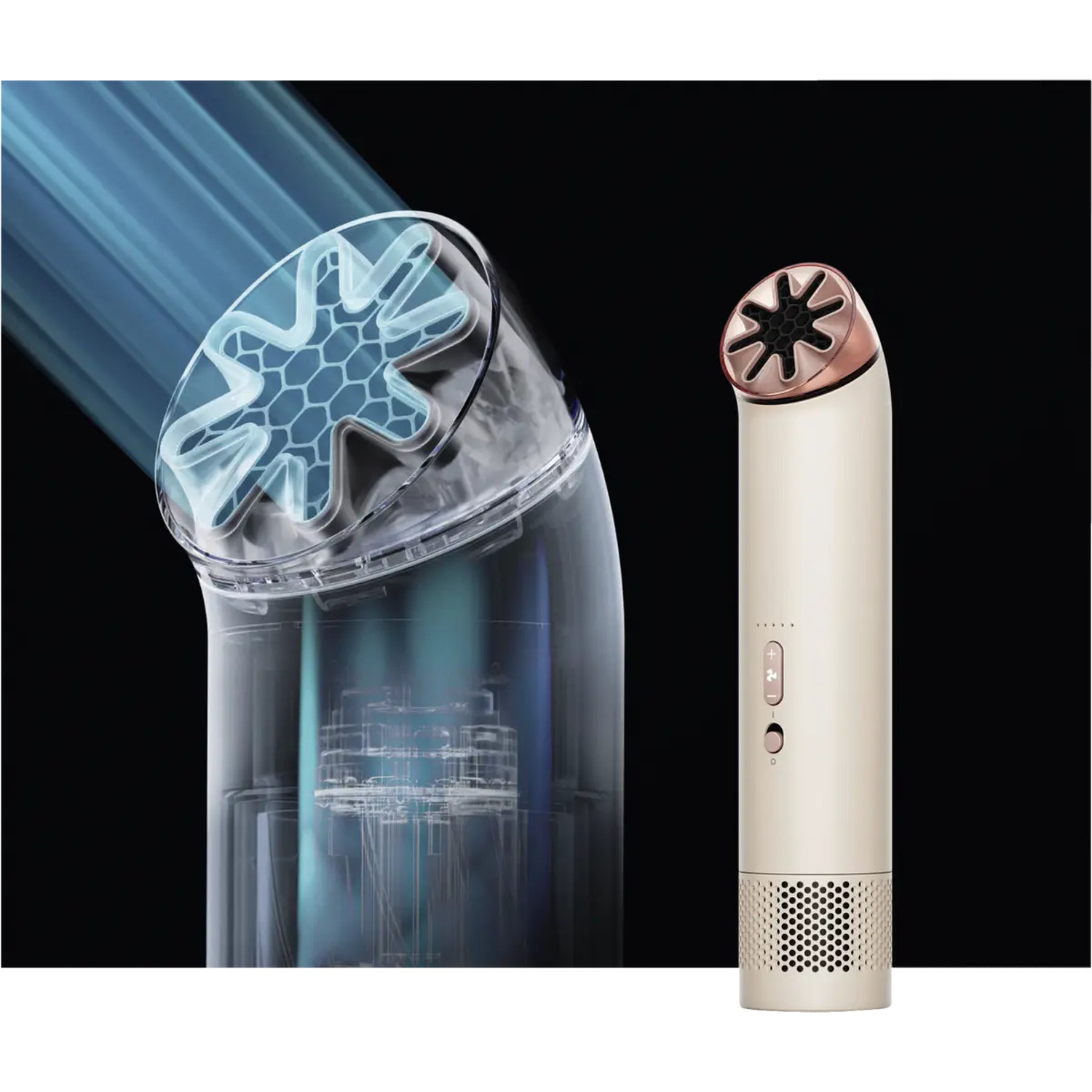 A white hairdryer with rose gold accents and blue air streams.