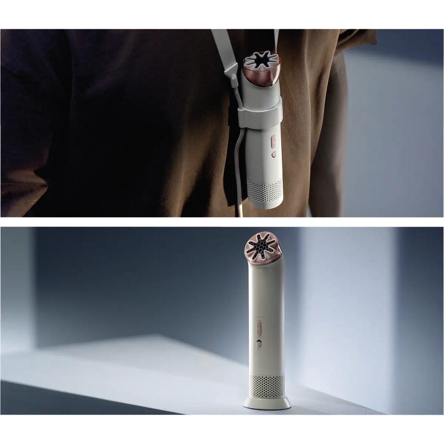 Een witte persoonlijke nekventilator met roségouden accenten wordt gedragen door een persoon en staat op een oppervlak.