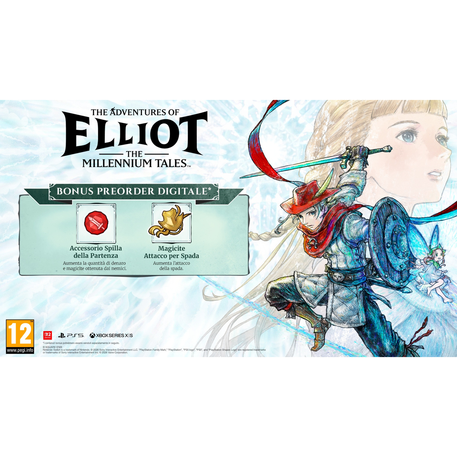 Un cavaliere con cappello e scudo combatte, accanto a una fatina. Titolo gioco 'The Adventures of Elliot'.