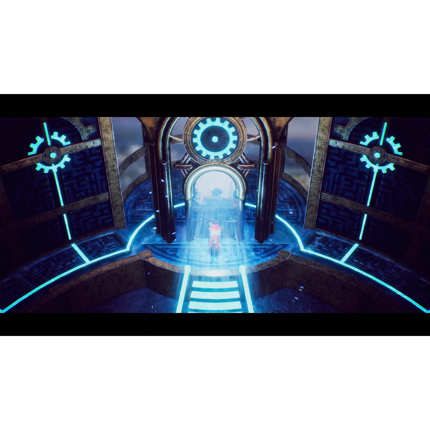 Una figura si erge su gradini luminose in una camera futuristica con ingranaggi.
