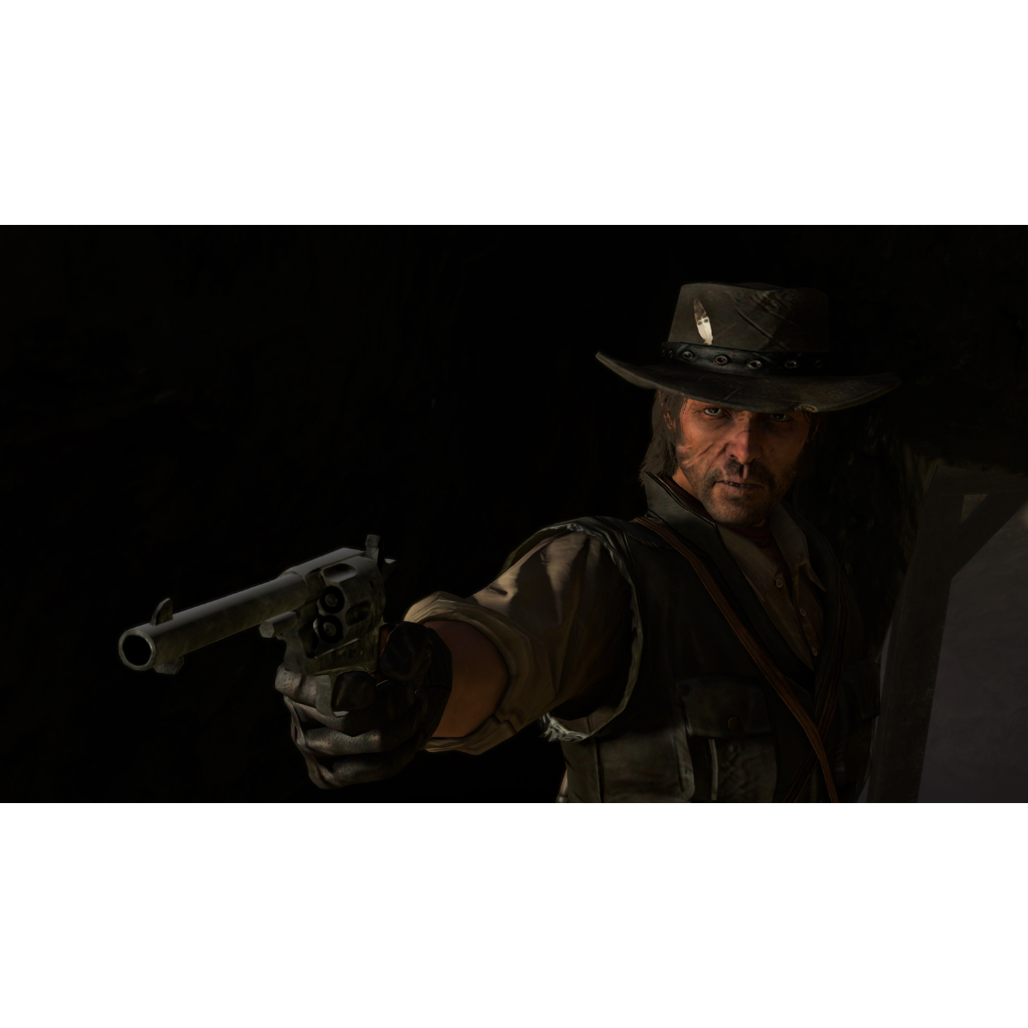 Un uomo in abiti western, con cappello e gilet, punta una pistola.