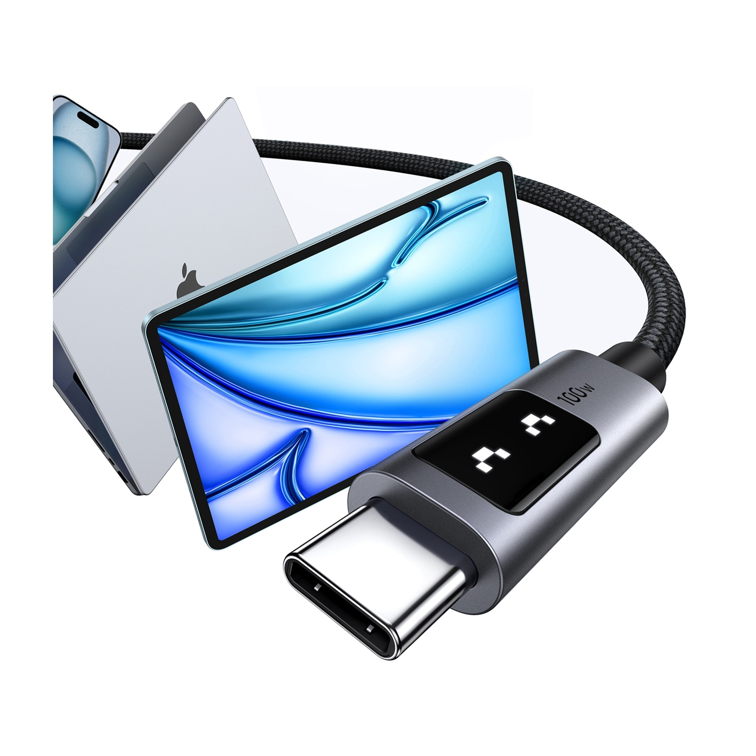 Un cavo USB-C con connettore grigio e display digitale, che collega dispositivi come laptop e telefoni.