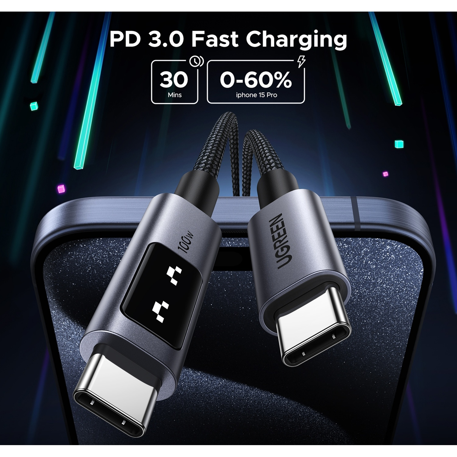 Cavo UGREEN USB-C: Ricarica Rapida PD 3.0, 100W, 30 Min per 0-60% iPhone 15 Pro.