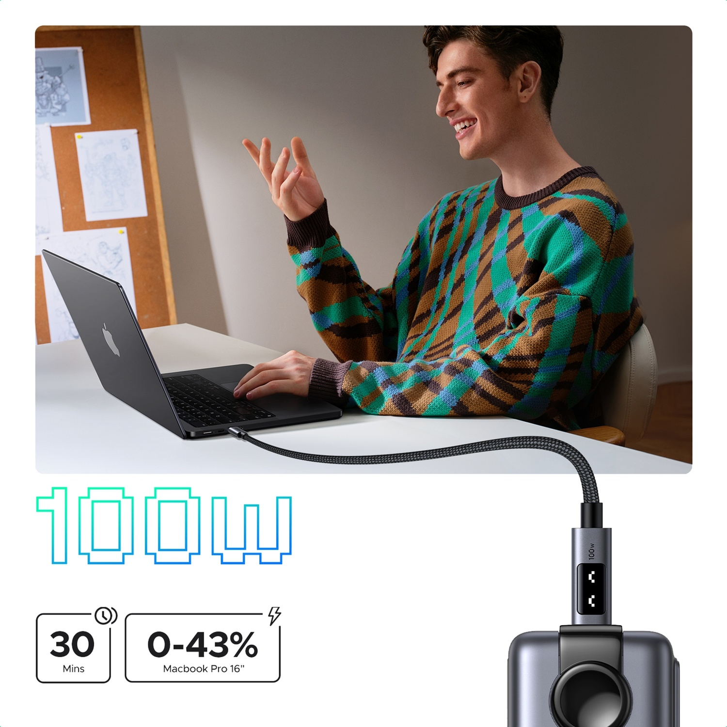 Uomo carica MacBook Pro 16'' con 100W, 0-43% in 30 min.