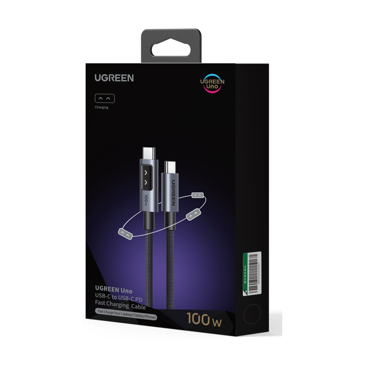 Cavo UGREEN Uno da USB-C a USB-C PD, 100W, nero/grigio, con due connettori USB-C.
