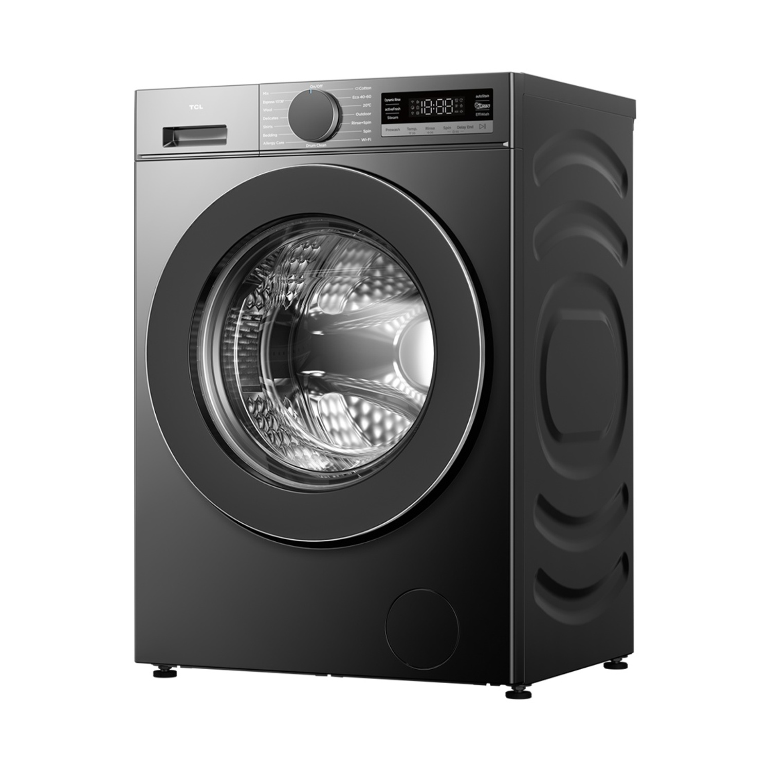 Lavatrice TCL nera a carica frontale con display digitale e programmi multipli.